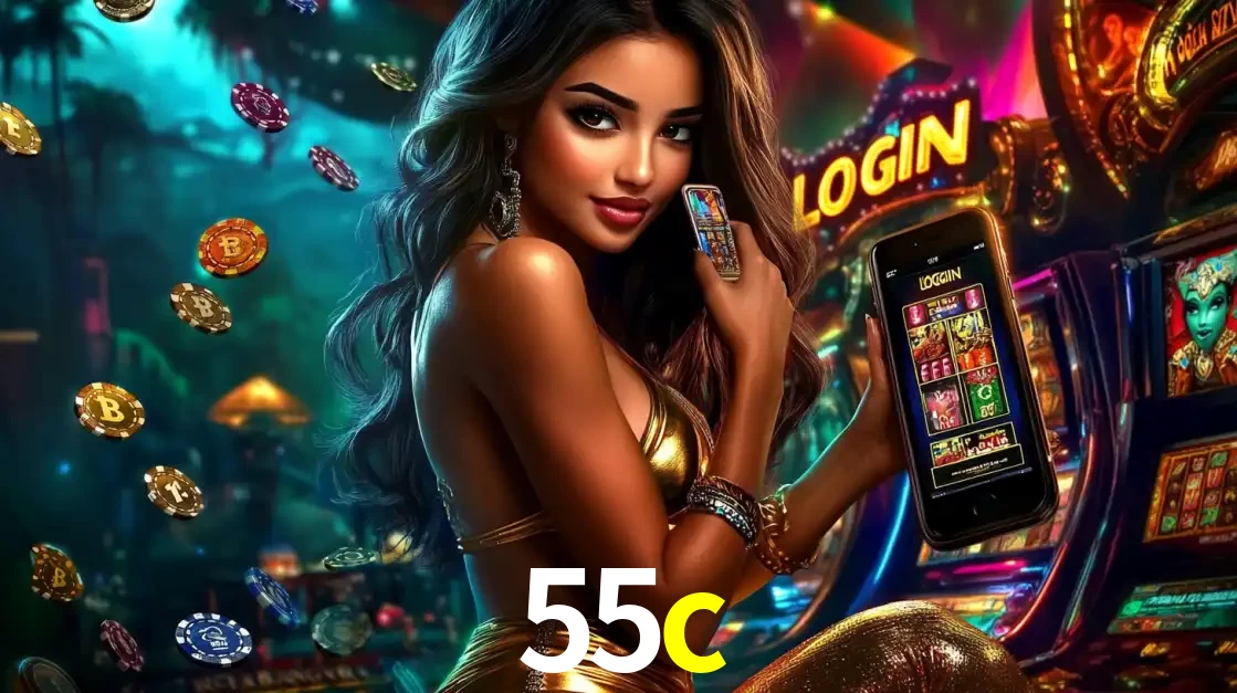 Mulher em um cenário de cassino temático de aventura, mostrando o app de caça-níqueis da 55c no celular. Fichas de apostas flutuam ao redor.
