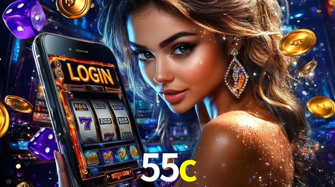 Mulher glamorosa segurando um smartphone com a tela de login para os jogos de caça-níqueis do cassino online 55c, com moedas de ouro e dados ao redor.