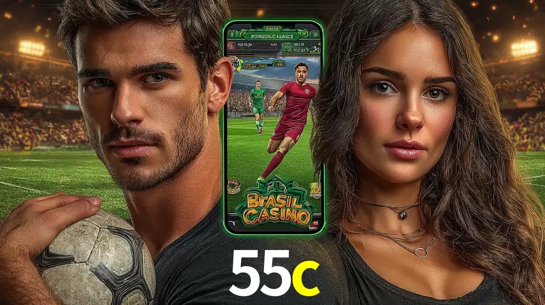 Homem segurando uma bola de futebol e uma mulher ao lado de um smartphone exibindo o jogo de apostas esportivas da 55c. Faça seu palpite no cassino online.